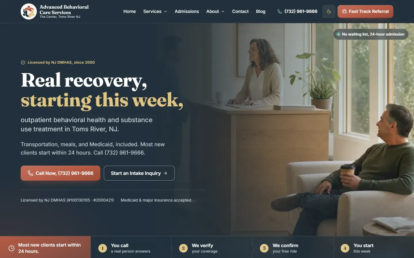 The Advanced Behavioral Care Services home page: the headline Real recovery, starting this week, call and intake buttons, and a photo of a sunlit reception room