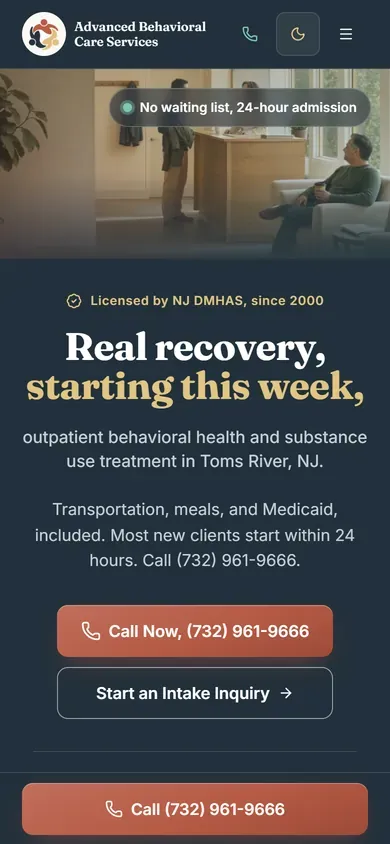 The Advanced Behavioral Care Services home page on a phone, with the call button pinned to the bottom of the screen