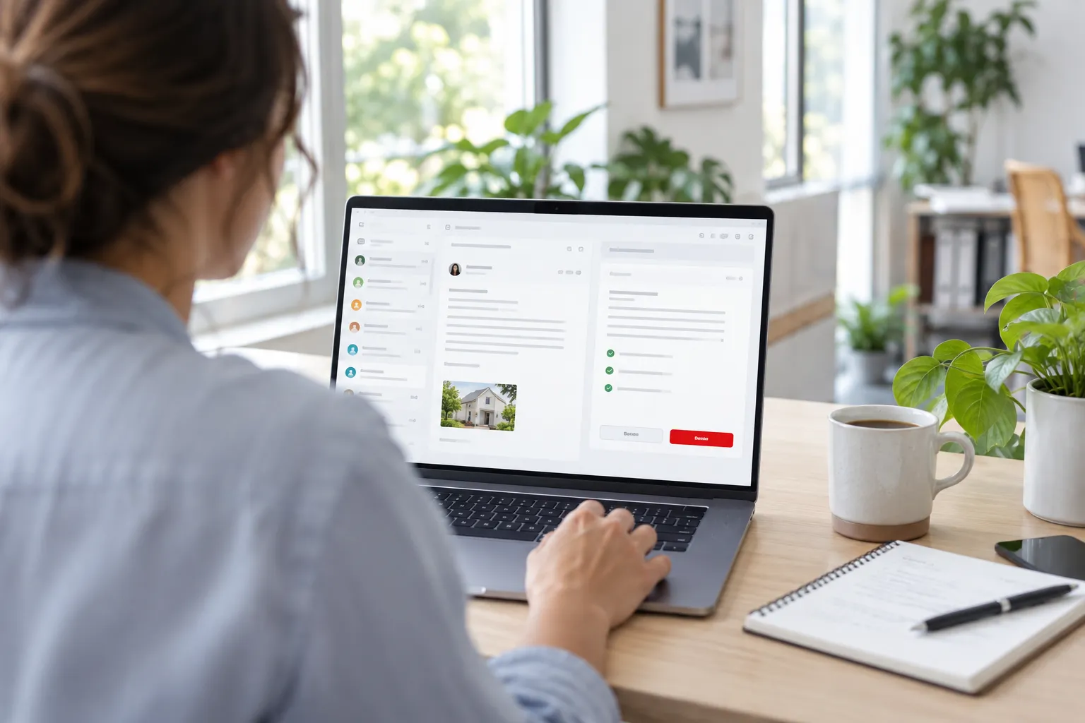A staff member reads a reply prepared for a customer email on a laptop, with a red approve button beside the draft.