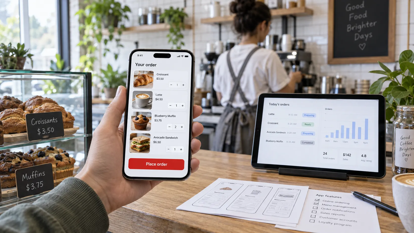 In a bright bakery, a hand holds a phone showing an ordering app while a tablet on the counter shows the owner's list of today's orders, beside paper sketches of the app's screens.