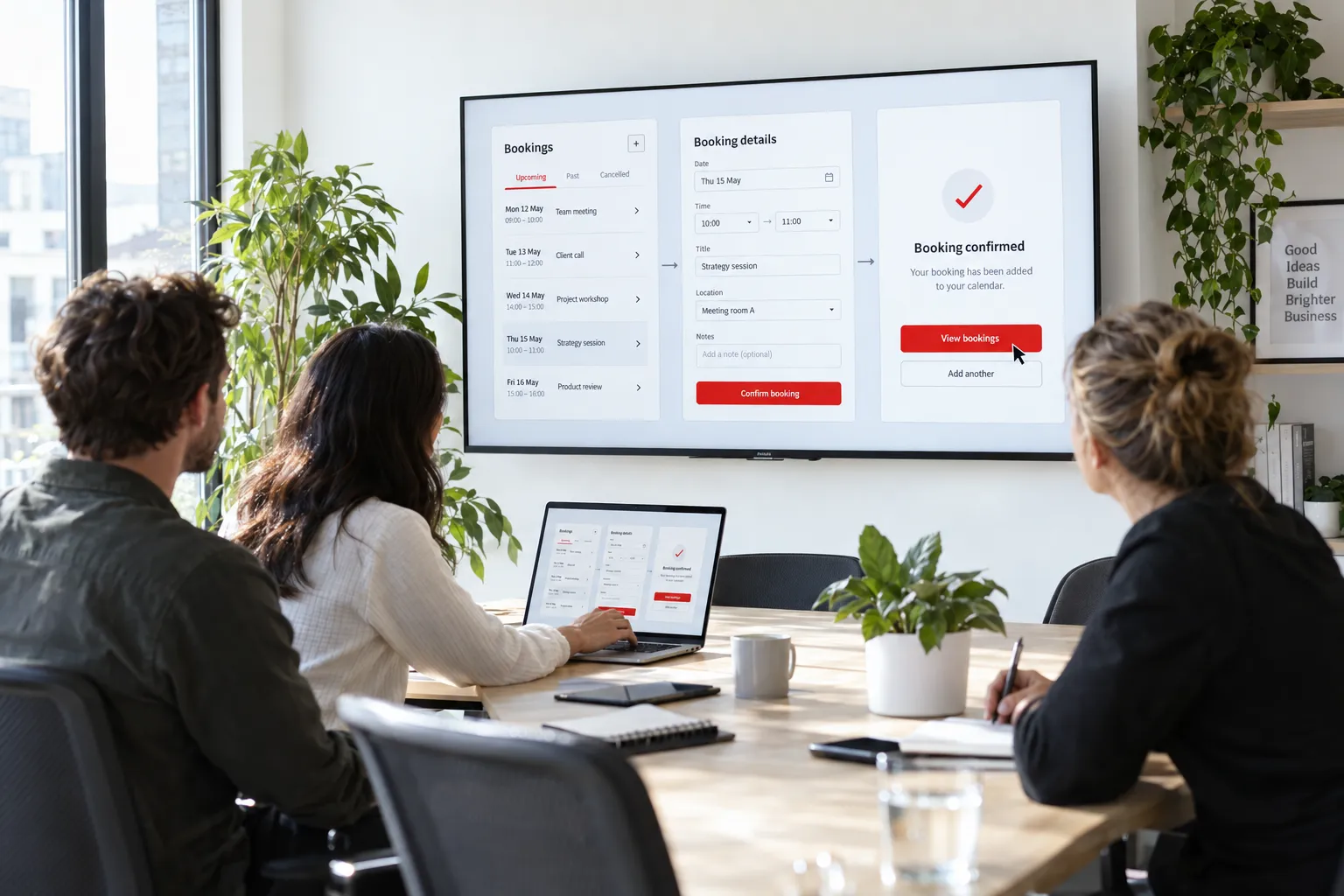 Three people in a bright meeting room click through a booking app prototype on a large wall screen: a list of bookings, a details form and a confirmation.