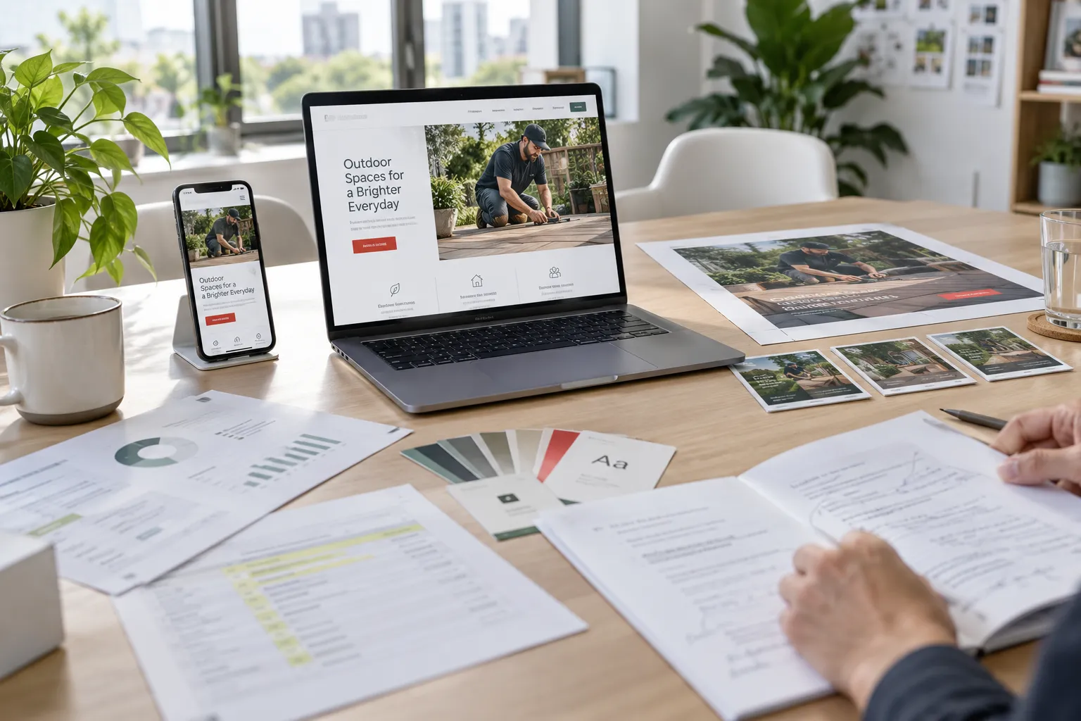 A laptop and a phone showing a new small business website on a studio table, with a printed research report, a keyword plan, a marked up copy draft, color swatches, a print ad and social posts.