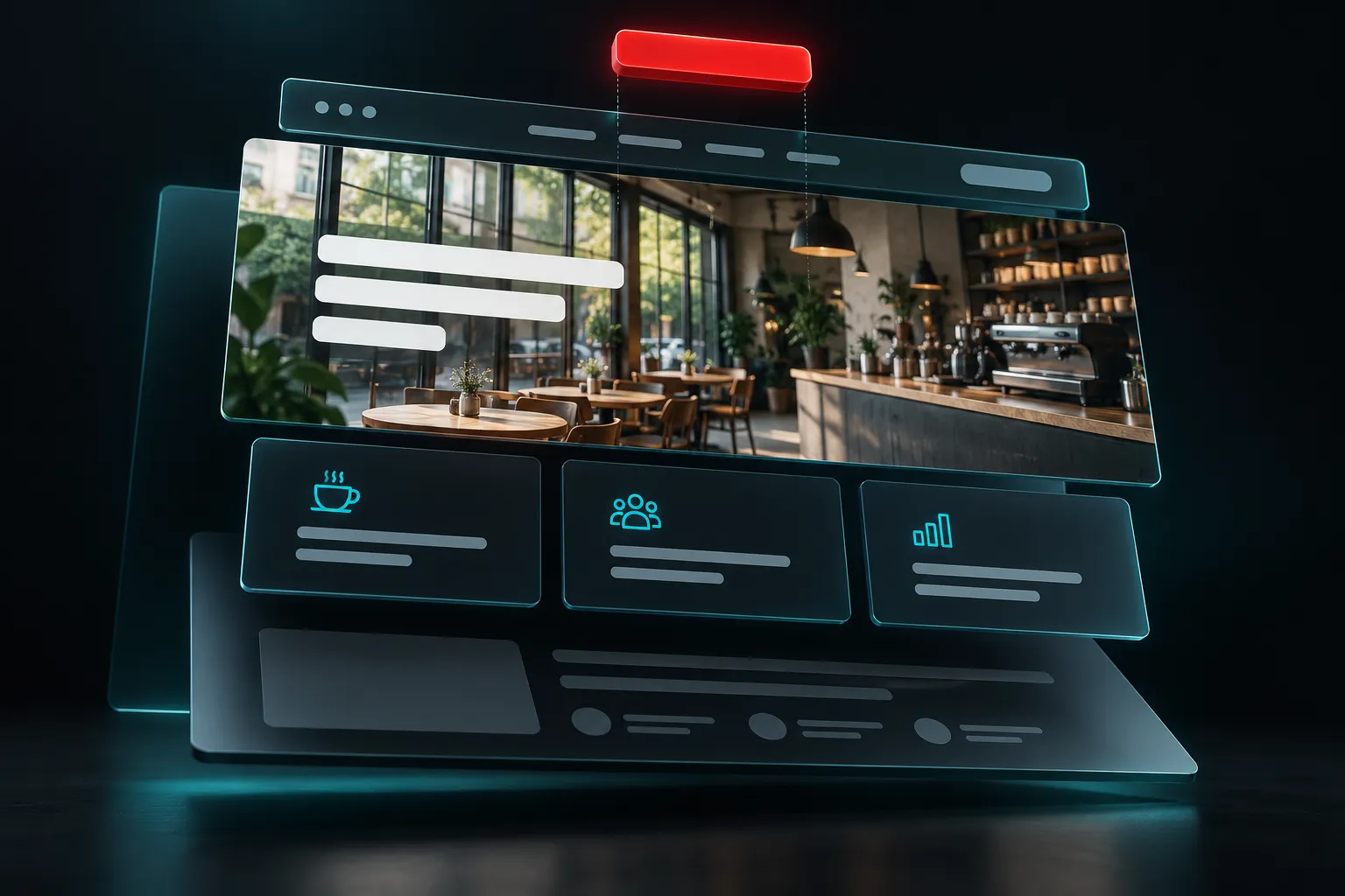 The parts of a modern business homepage, a hero photo, headline, service cards and a red button, clicking into place.