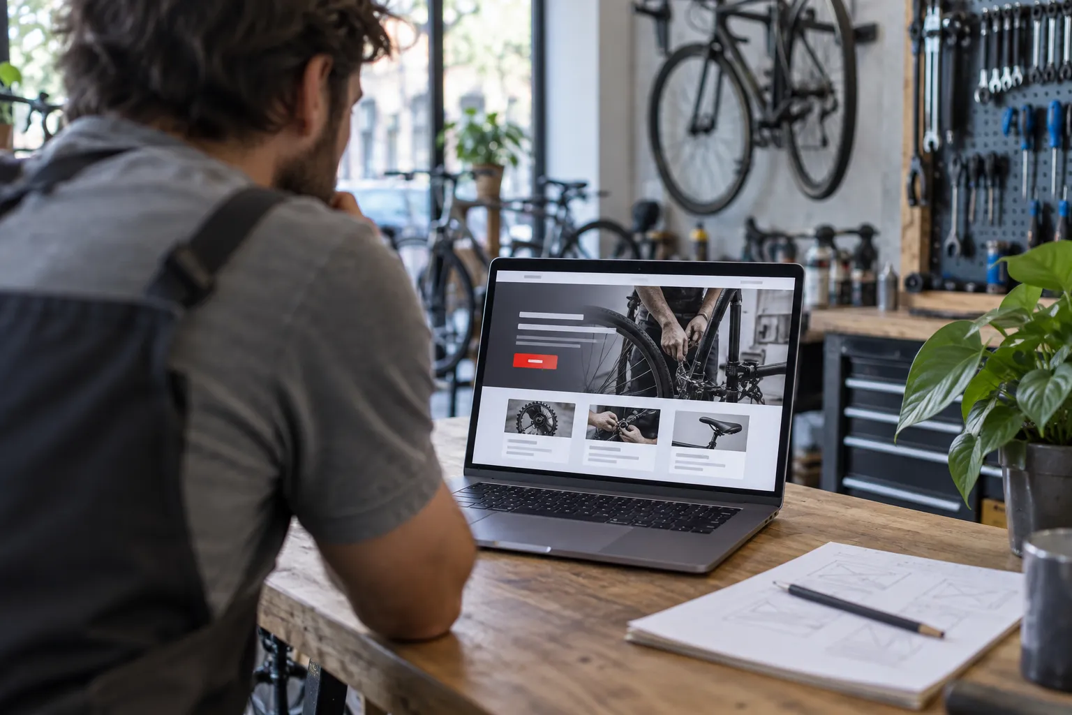 A shop owner looks over a homepage design on a laptop at the counter, a printed page plan beside it.