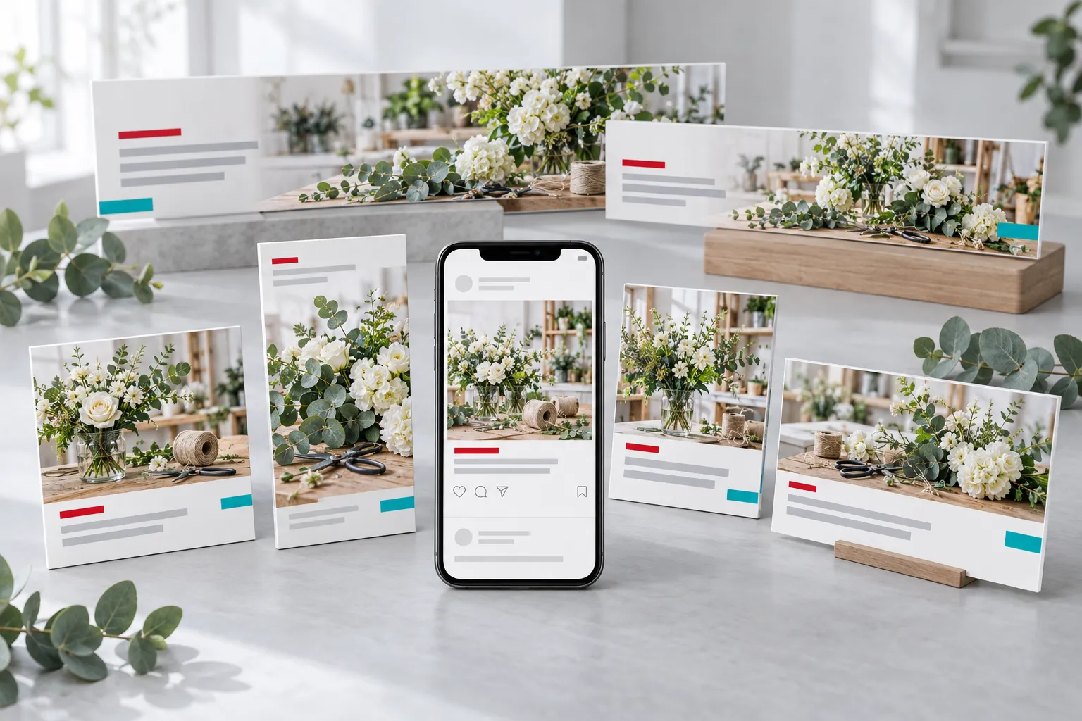 A launch kit made to match a website: social post cards in square, portrait and story sizes, wide header banners for social profiles, and a phone showing one of the posts.