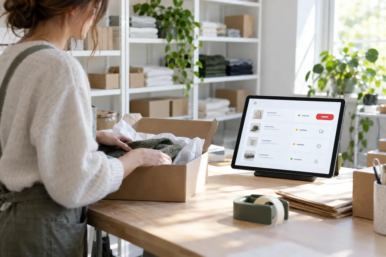 A shop owner packs an order into a shipping box in a bright stockroom, with the store's new orders listed on a tablet beside her.