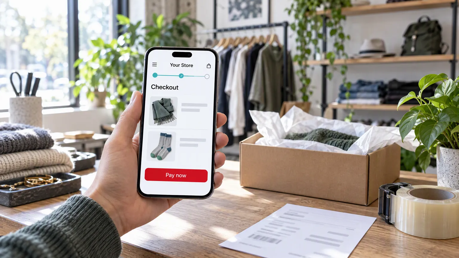 In a sunlit clothing shop, a hand holds a phone showing the checkout of a sample online store called Your Store, next to a shipping box with tissue paper, a packing slip and a roll of tape.