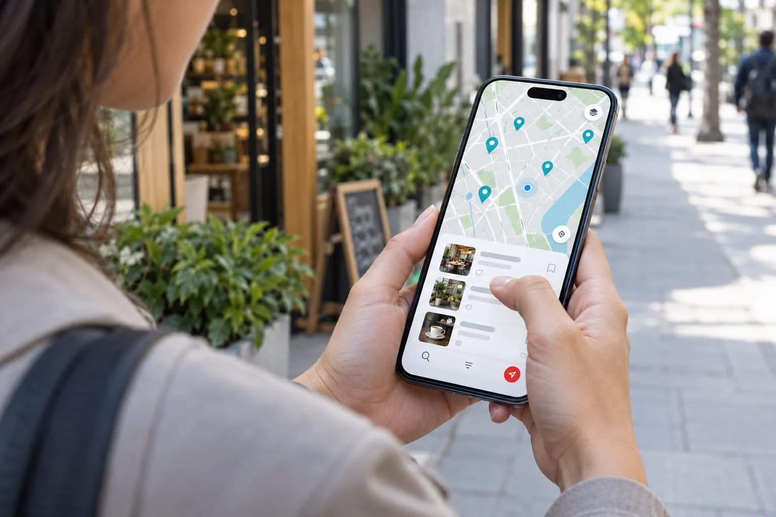 A person on a city sidewalk scrolling map results on a phone, looking for a local business.