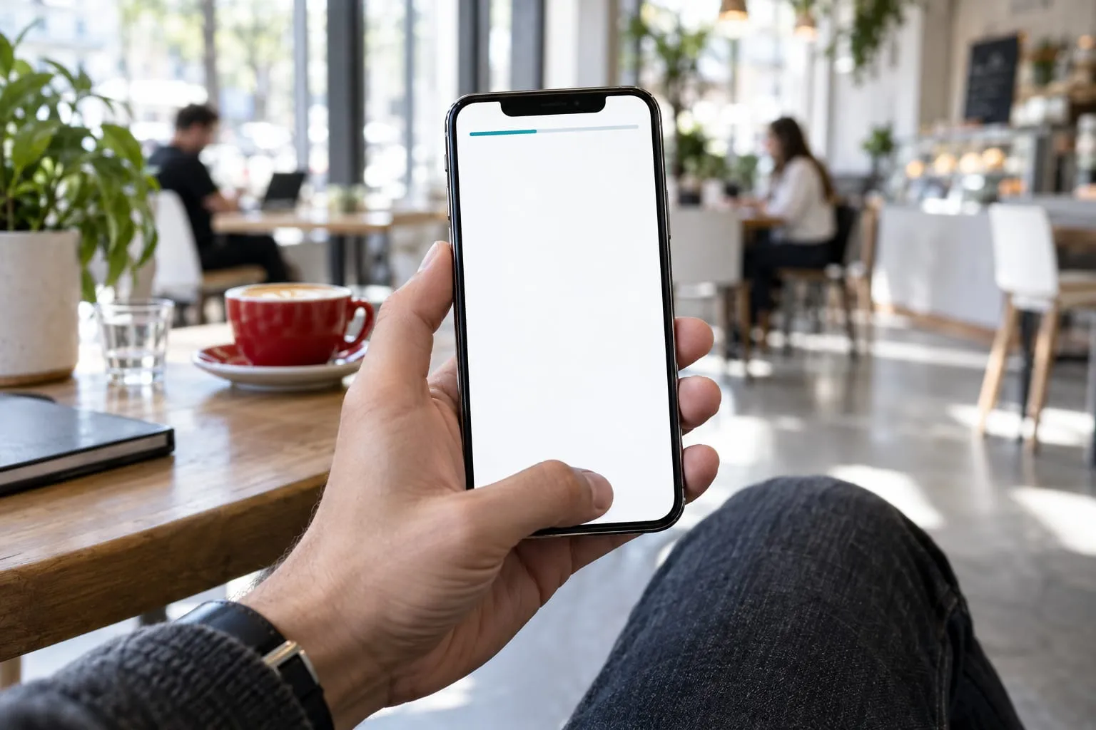 A phone in a hand in a cafe, its screen still a blank page with a loading bar at the top.