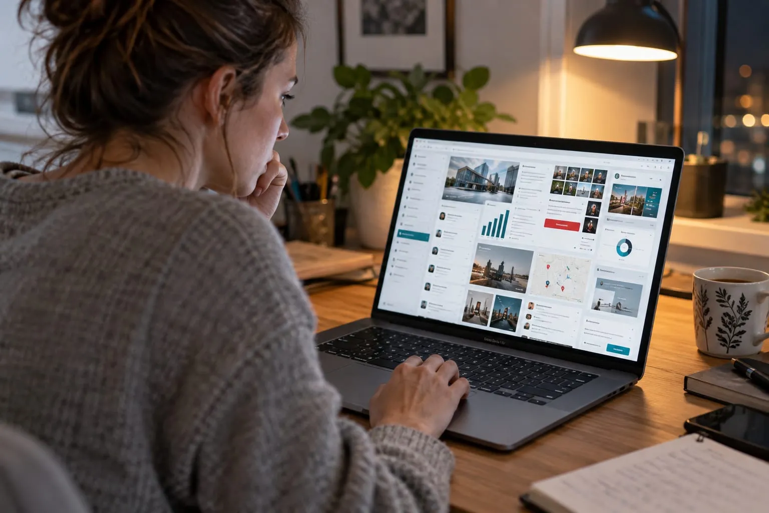A person at a desk frowning at a laptop that shows a cluttered, confusing website.