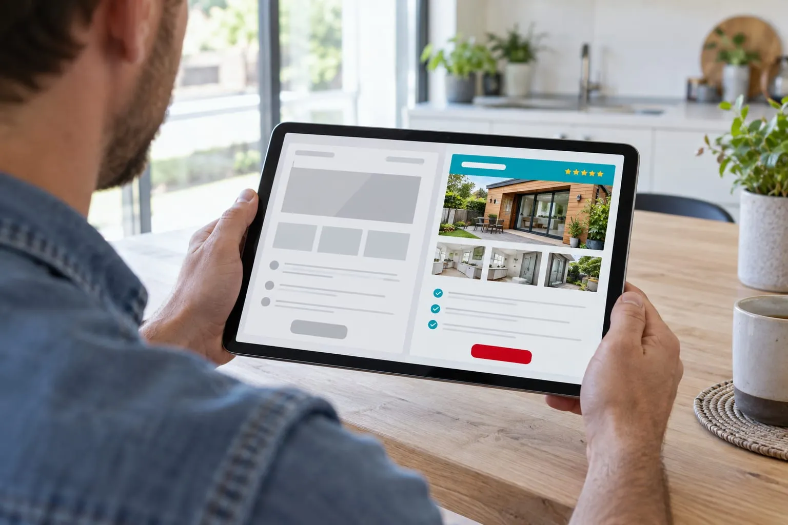 A customer at a kitchen table comparing two websites on a tablet, one bare and one with ratings and photos of real work.