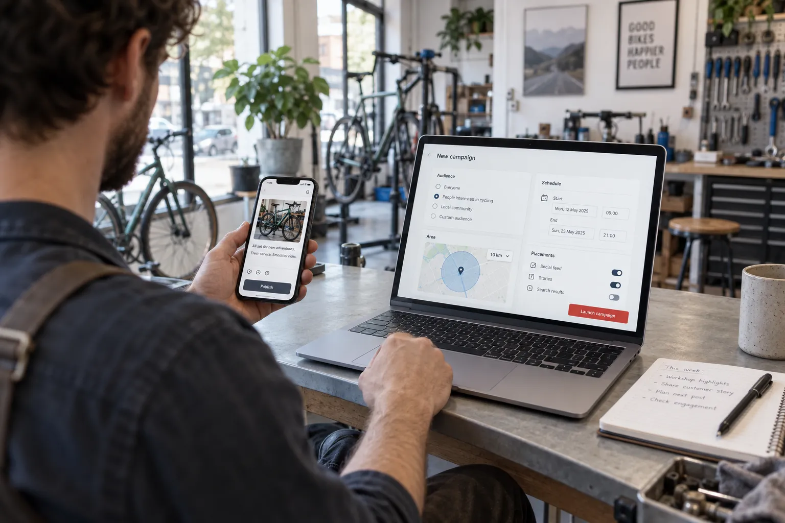 A bike shop owner at the workbench after the work day, holding a phone with a drafted social post while a laptop shows ad campaign settings for audience, area and schedule, a notepad of marketing tasks beside it.
