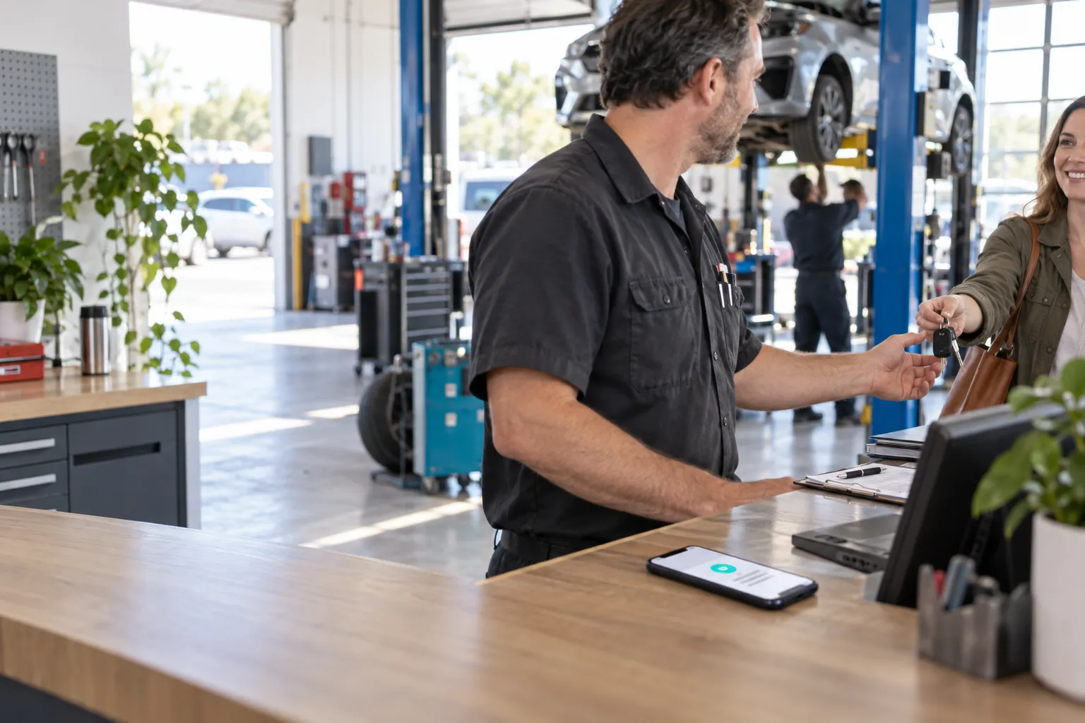 An auto repair shop owner at his service counter takes a customer's car keys while a mechanic works on a lifted car behind him; on the counter his phone shows a new notification.