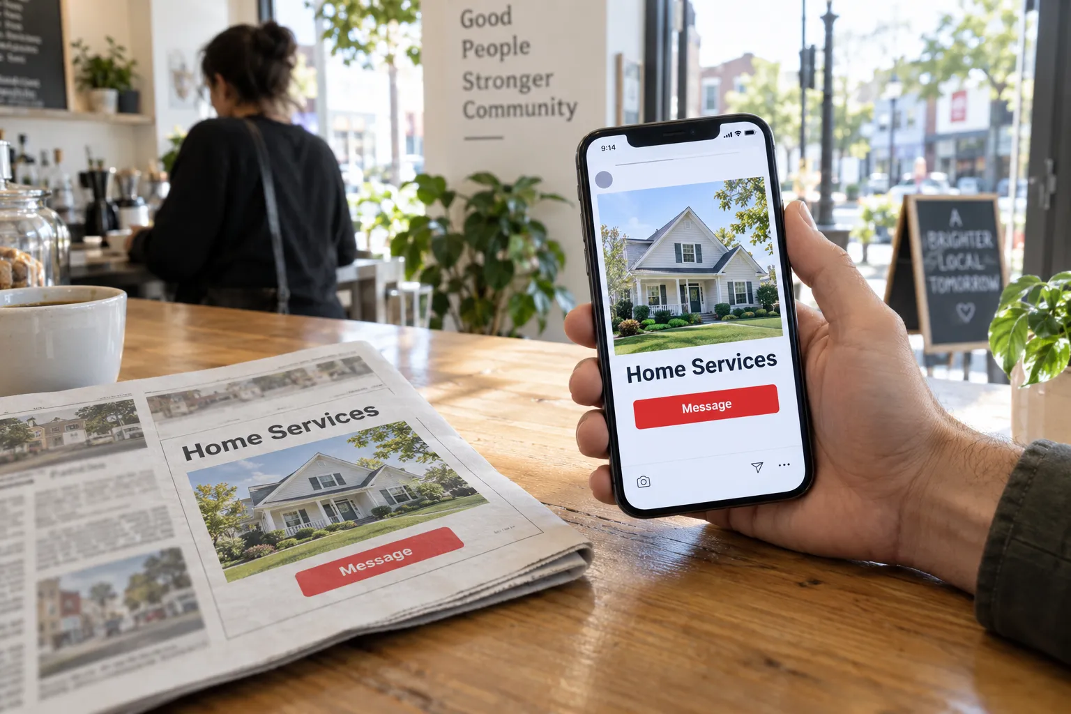 A local newspaper open to a home services ad on a cafe table, beside a phone showing the same ad, in a sunny small-town cafe.