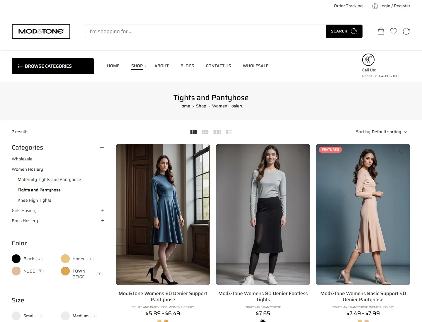 The Mod&Tone catalog on a desktop screen: a women's tights and pantyhose category with the category list, color and size filters on the left and three product photos with names and prices.
