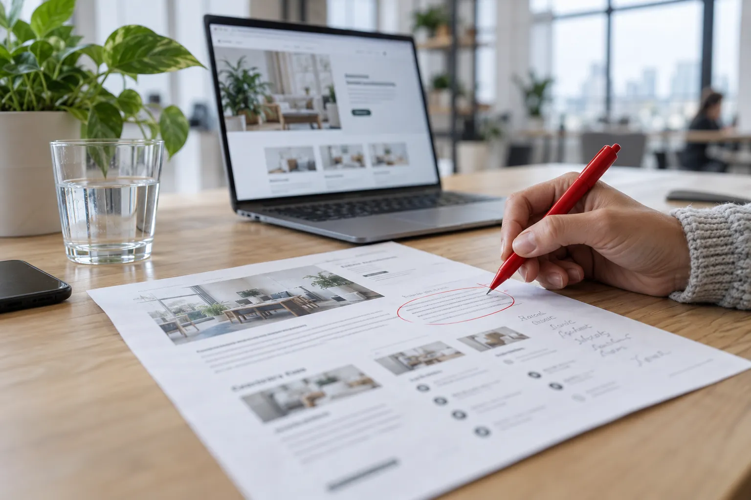 A printed draft of a service page being marked with a red pen, the same page open on a laptop behind it.