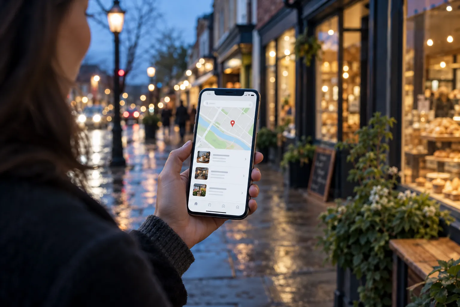 A phone held on an evening shopping street, showing a map with one red pin above a list of nearby businesses.