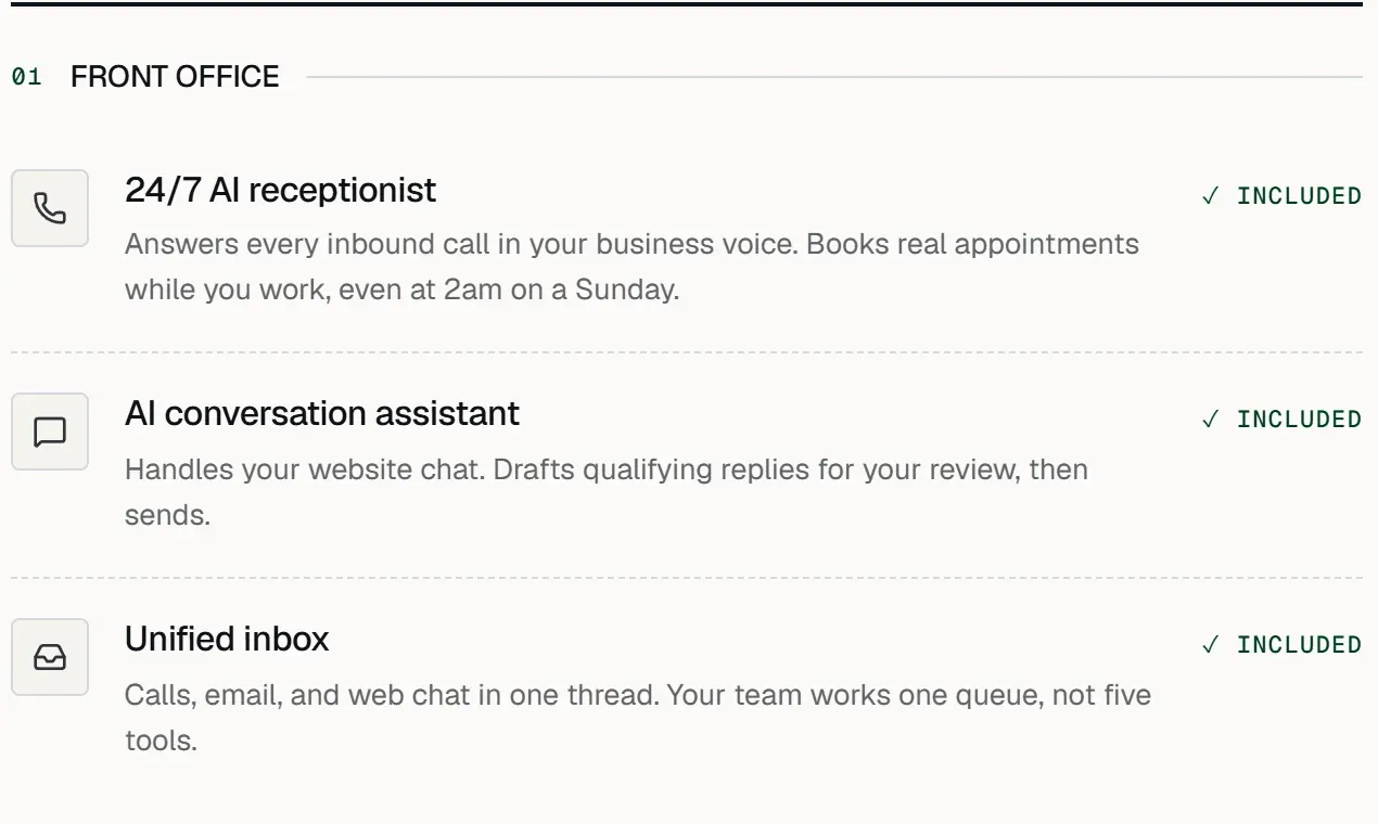 Sprintflow front office list: AI receptionist, AI conversation assistant that drafts replies for your review, and a unified inbox