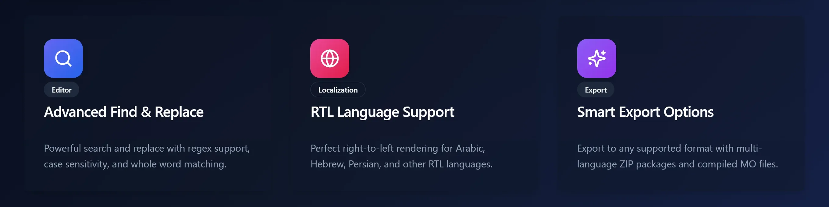 Translatetify features page: advanced find and replace, right-to-left language support and smart export options