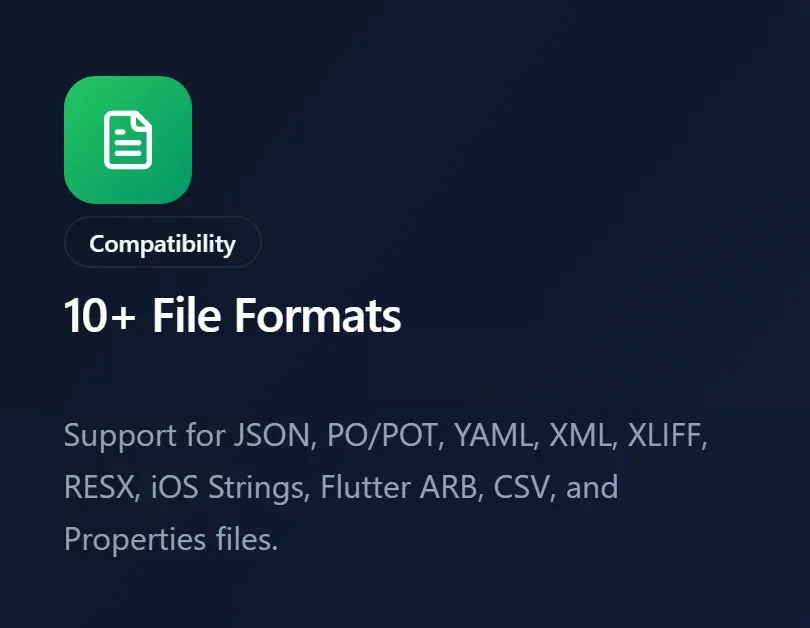 Translatetify file formats card listing JSON, PO/POT, YAML, XML, XLIFF, RESX, iOS Strings, Flutter ARB, CSV and Properties files