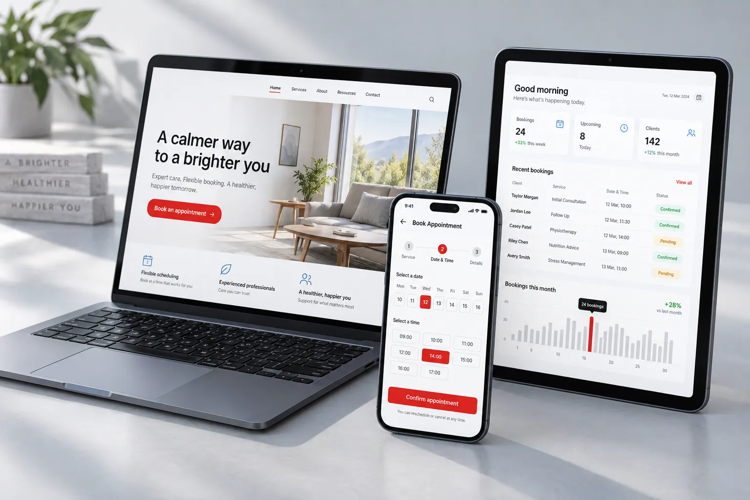 A laptop showing a business website, a tablet showing a bookings dashboard and a phone showing an appointment booking screen, side by side.