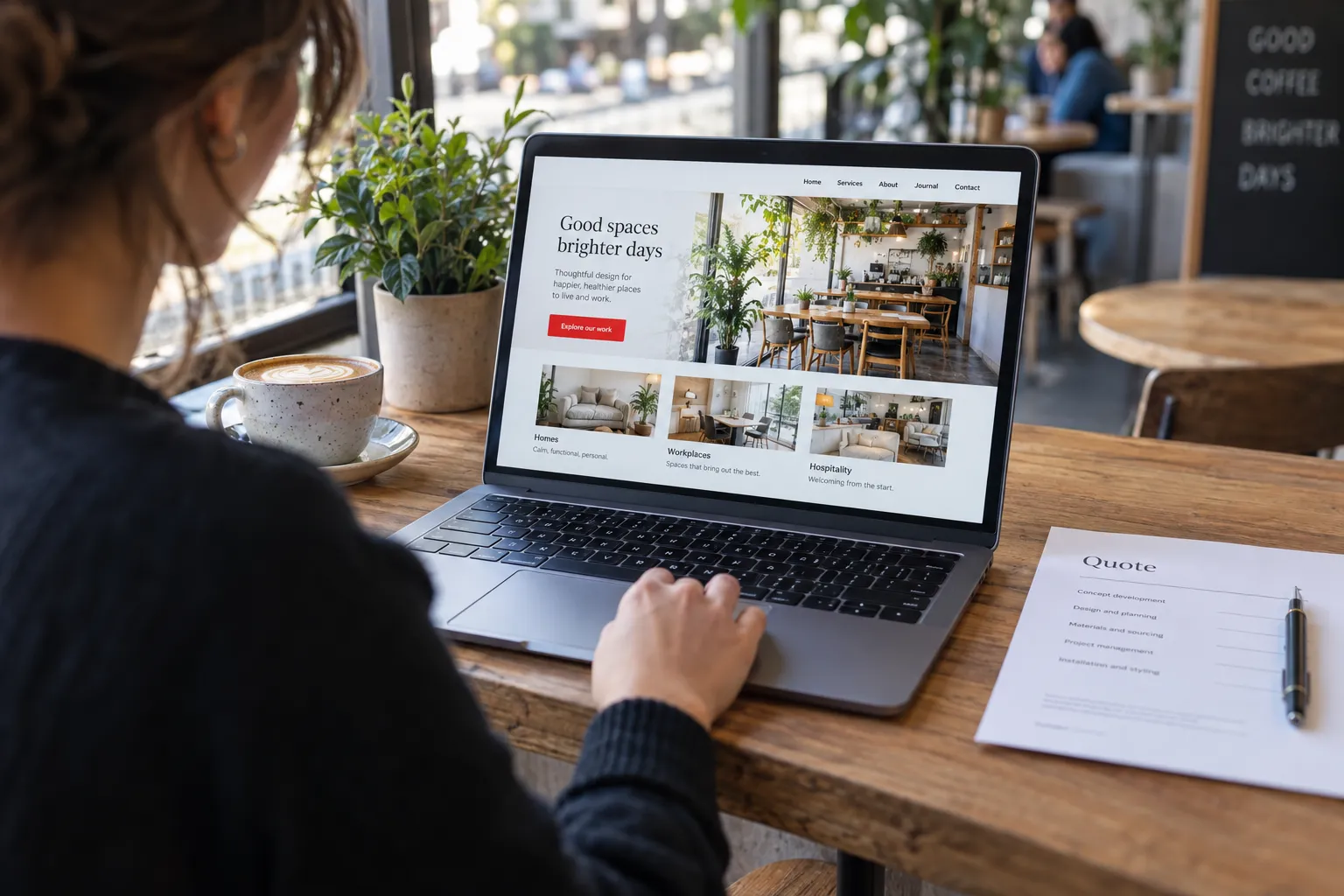 A small business owner at a cafe table looks over a website design on a laptop, with a printed quote sheet beside it.